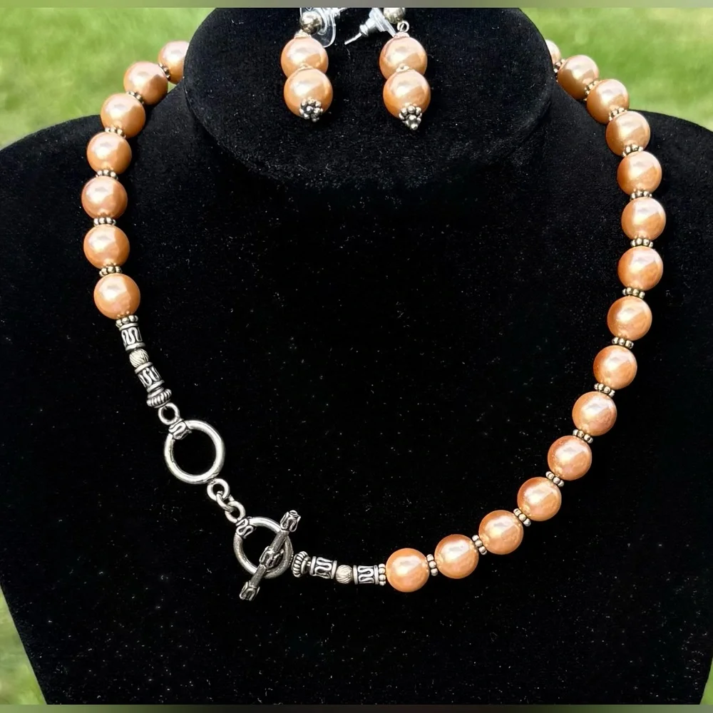 Vintage Faux Gold Pearl Necklace/Earring Set Toggle Clasp